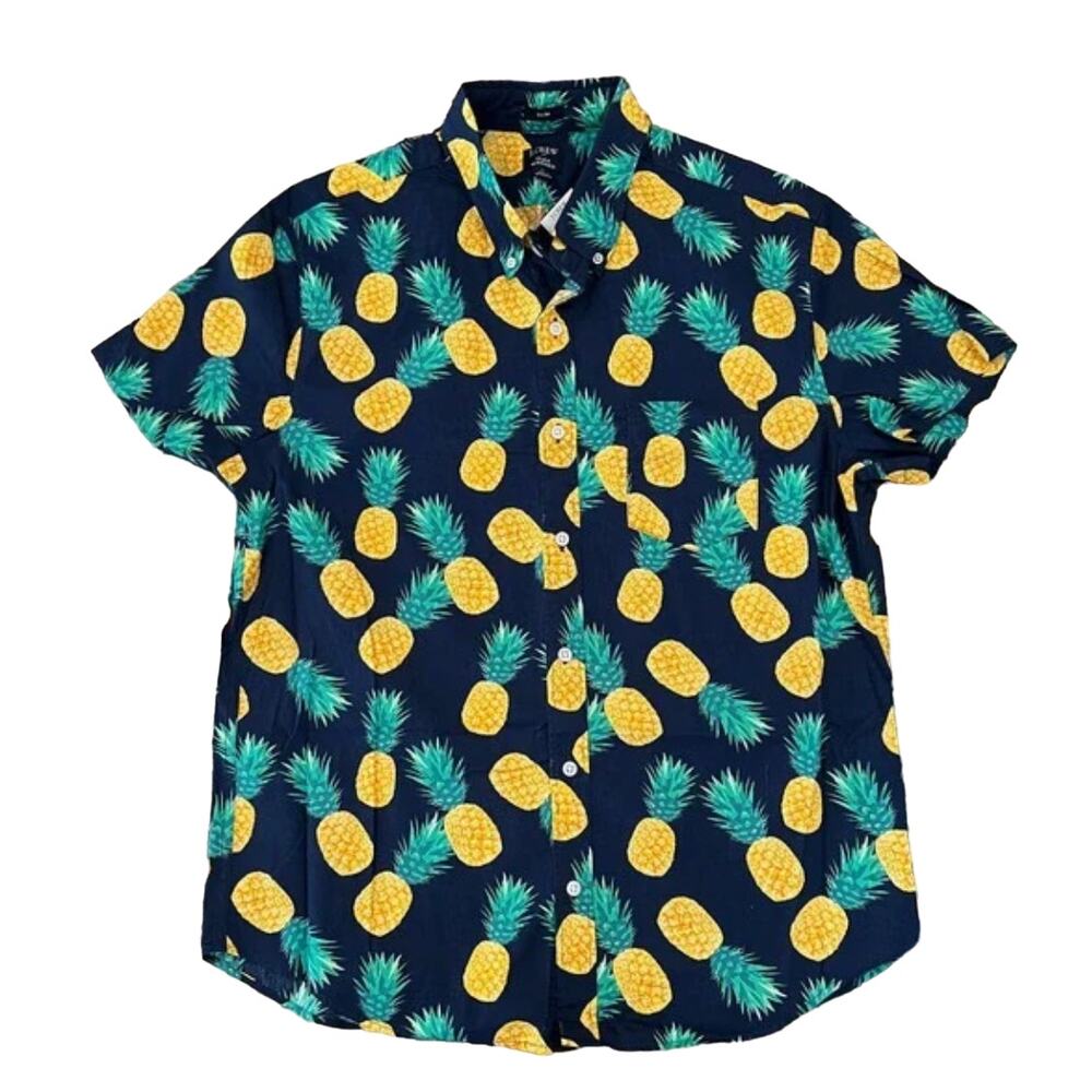 NWT J. Crew Men's Navy, Gold & Green Slim Pineapple Flex Washed Shirt